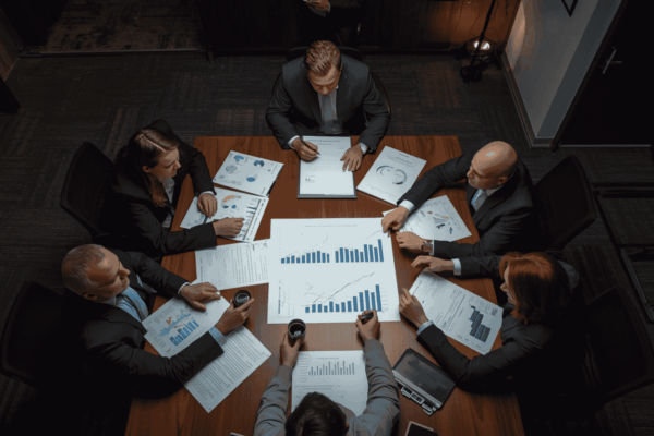 Executives reviewing commercial partnership model before acquisition decision