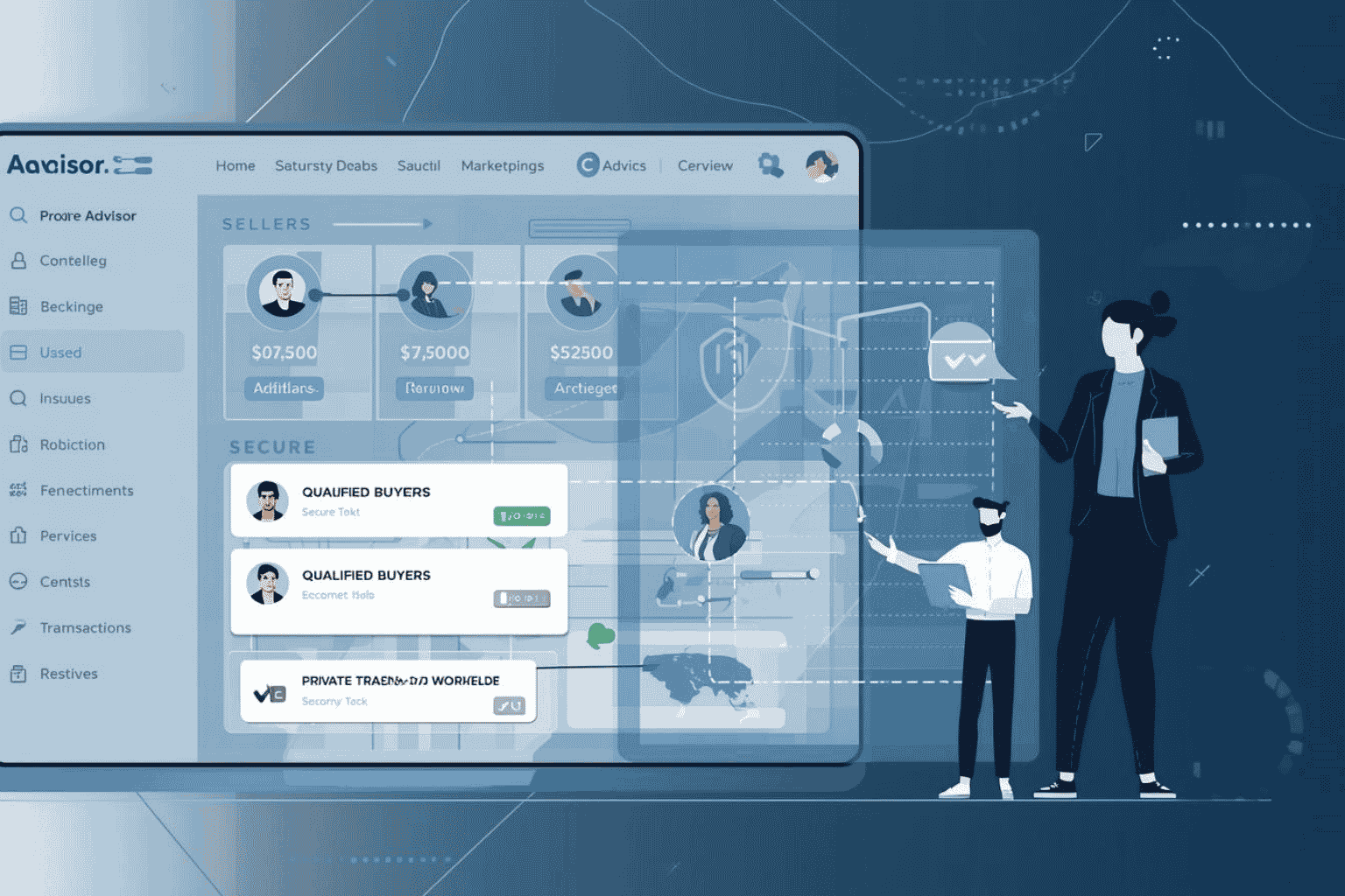 Advisor reviewing confidential deal matching platform for business sale