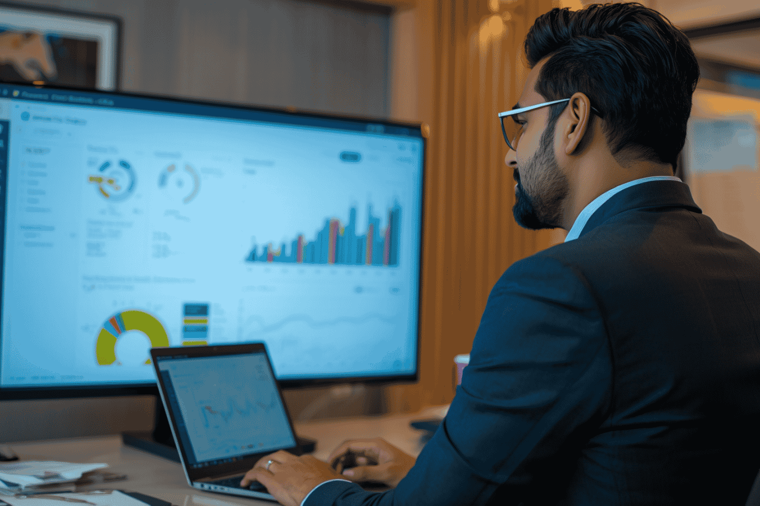 Hotel manager reviewing direct booking and revenue performance dashboard
