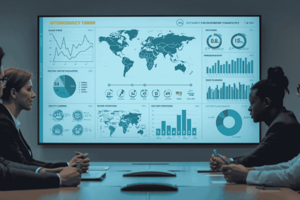 Executives reviewing energy cost volatility for global business planning