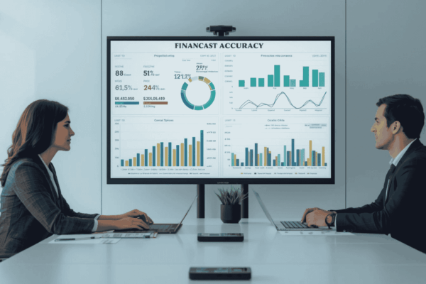 Business leaders reviewing financial forecast accuracy dashboard