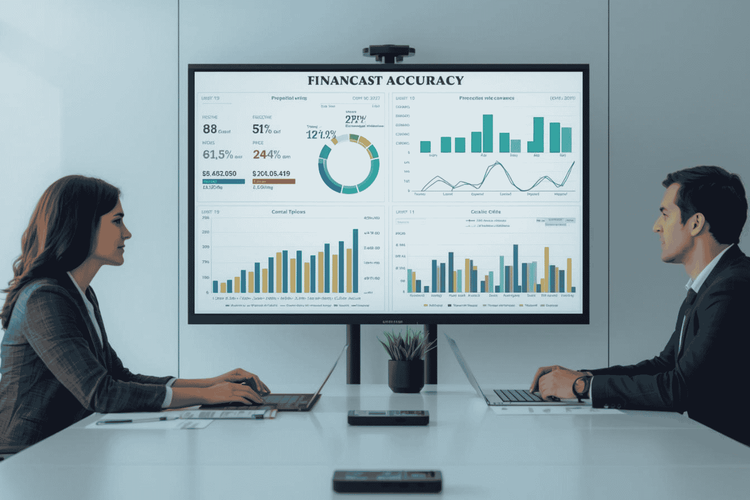 Business leaders reviewing financial forecast accuracy dashboard