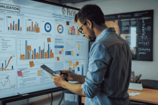 Startup founder reviewing market validation and customer feedback before investor meeting
