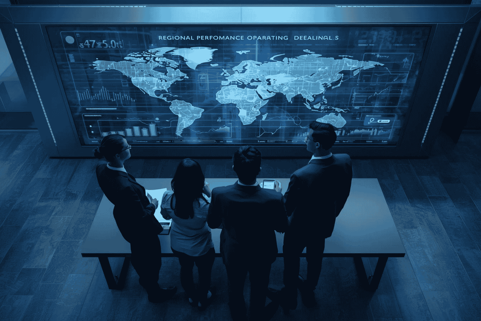 Executives reviewing global operating model adjustments across regions