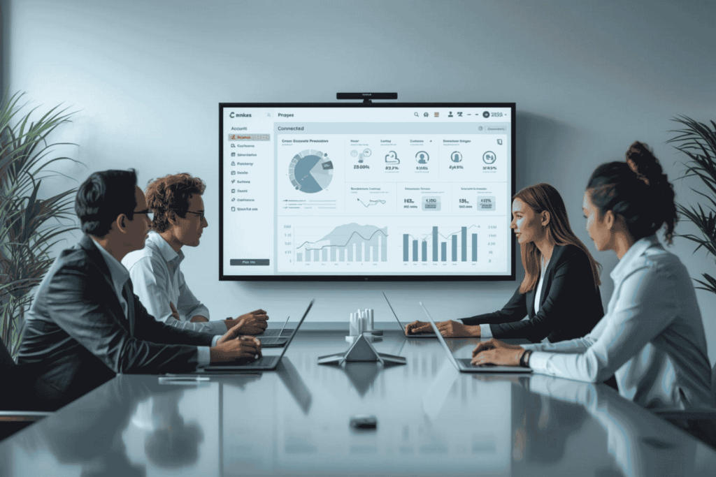 Finance team reviewing integrated banking dashboard for business operations