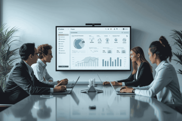 Finance team reviewing integrated banking dashboard for business operations