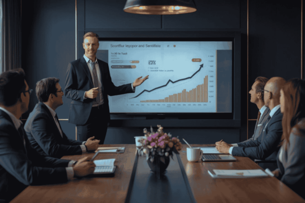 Startup founder presenting business progress to investors