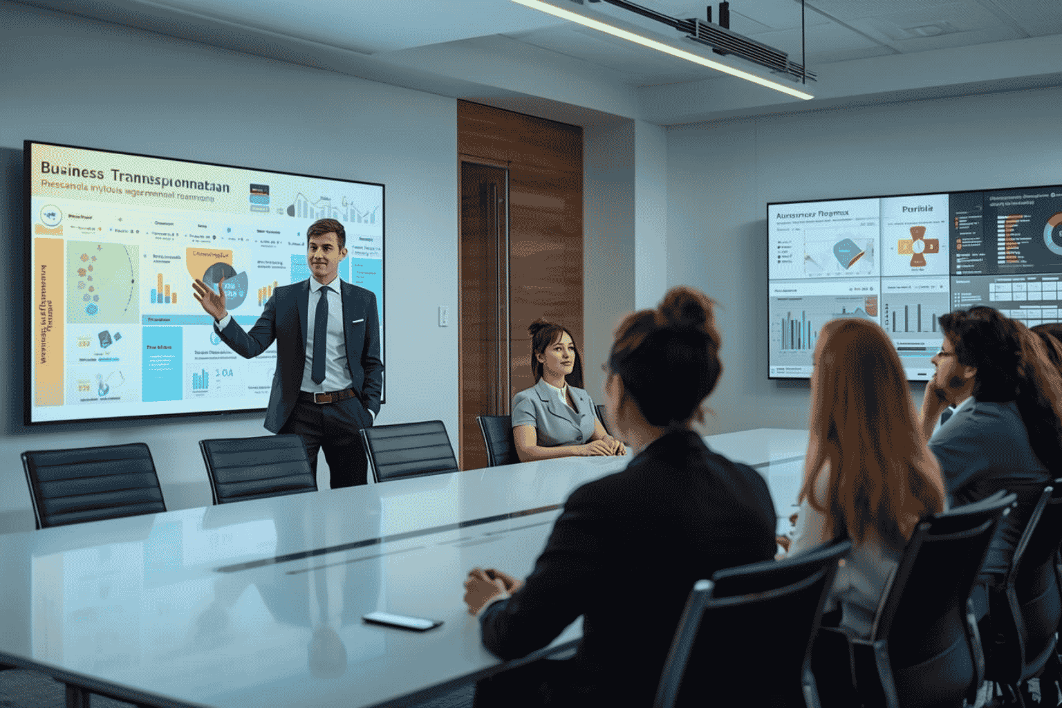 Leadership team communicating business transformation roadmap to employees
