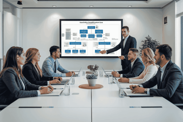 Executives and M&A advisors reviewing legal entity simplification before a transaction