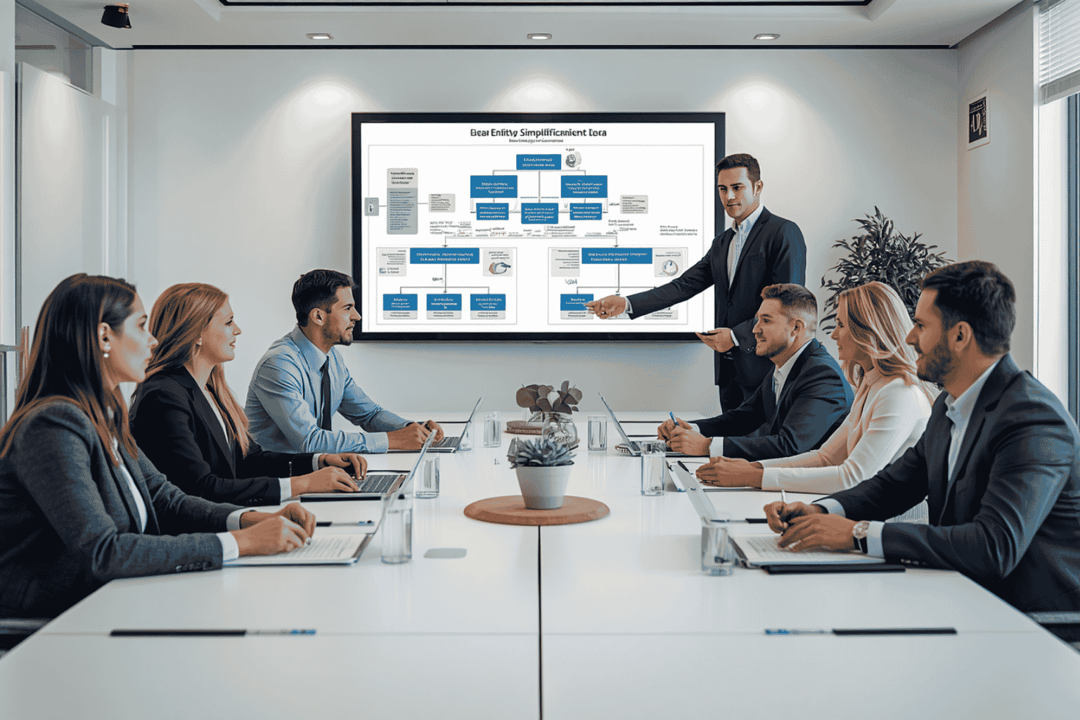 Executives and M&A advisors reviewing legal entity simplification before a transaction