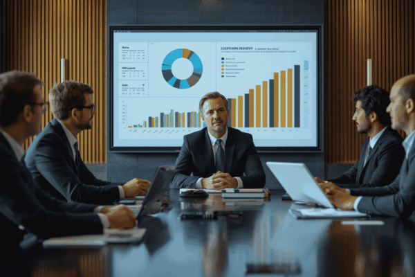 Attorney reviewing legal risk management strategies with business leaders