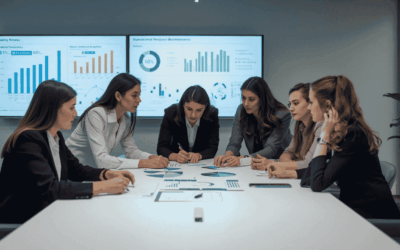 Business leaders using operational benchmarking dashboard to identify performance gaps