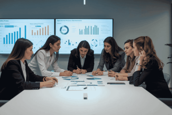 Business leaders using operational benchmarking dashboard to identify performance gaps
