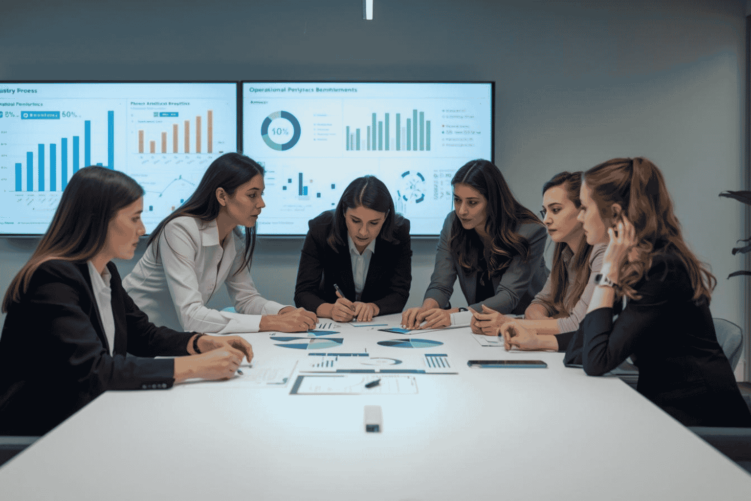 Business leaders using operational benchmarking dashboard to identify performance gaps