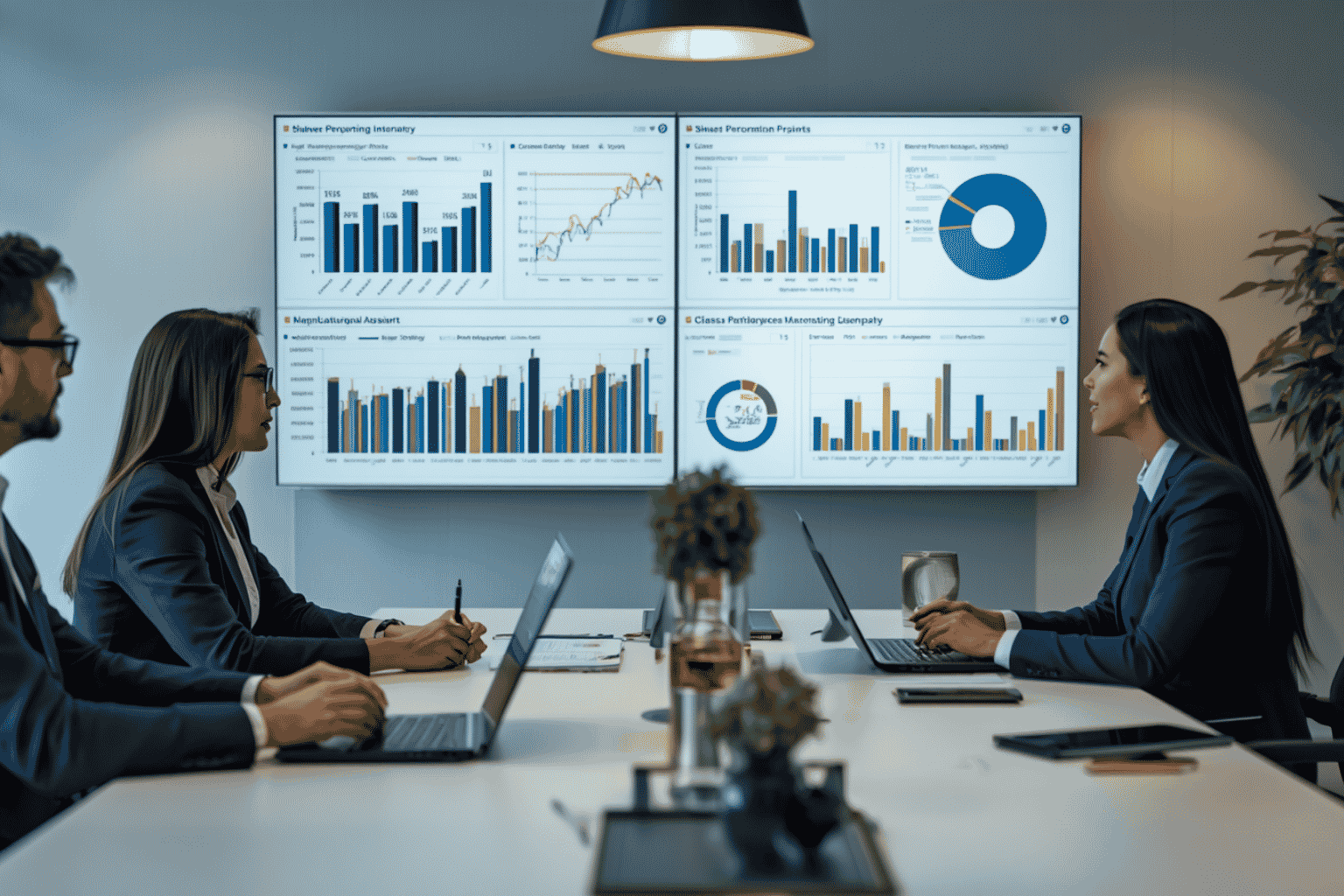Executive team reviewing business performance reporting dashboards
