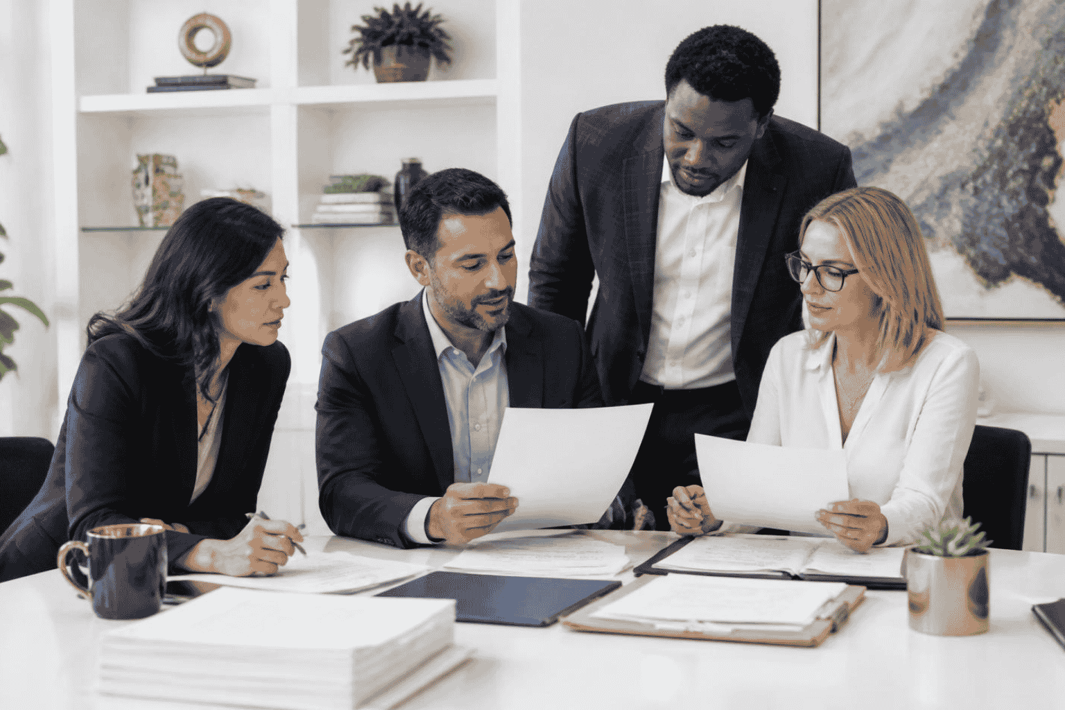 Business owner reviewing contracts with advisors before selling the company