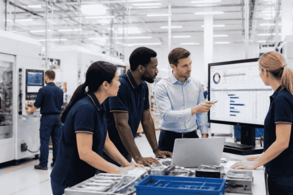 Manufacturing engineers reviewing a faster production changeover process