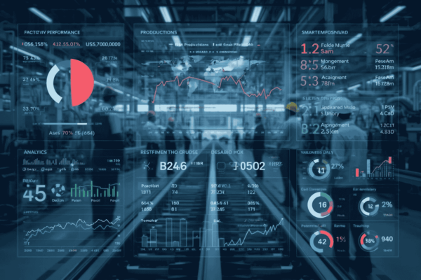 Engineers monitoring production data visibility in smart manufacturing facility