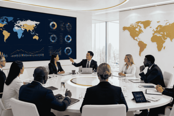Executives reviewing regional capital availability before business expansion