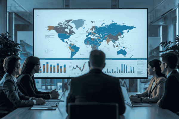 Executives reviewing regional demand patterns for business expansion planning