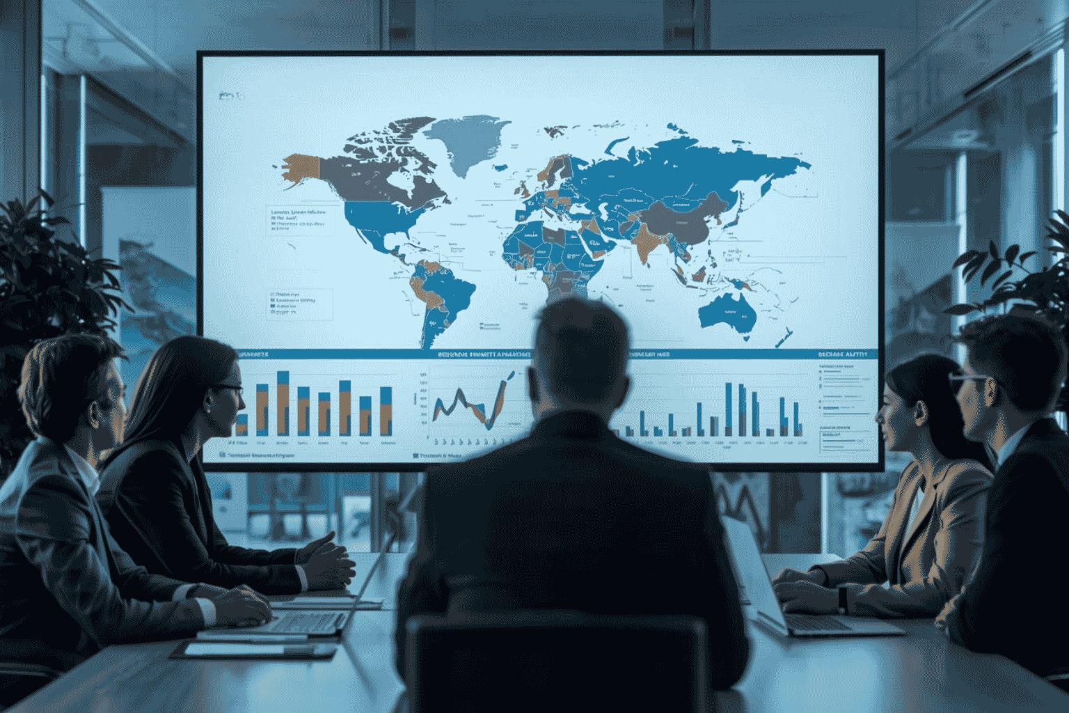 Executives reviewing regional demand patterns for business expansion planning