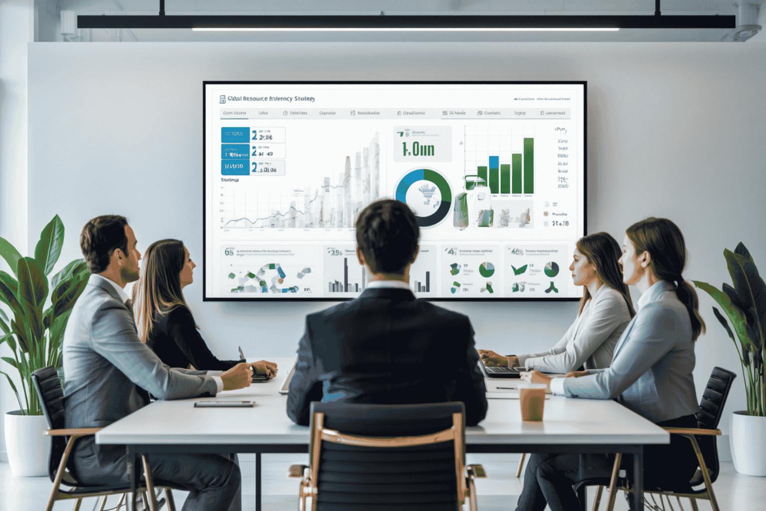 Executives reviewing resource efficiency and operating cost data