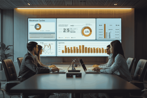 Healthcare administrators reviewing revenue cycle visibility dashboard