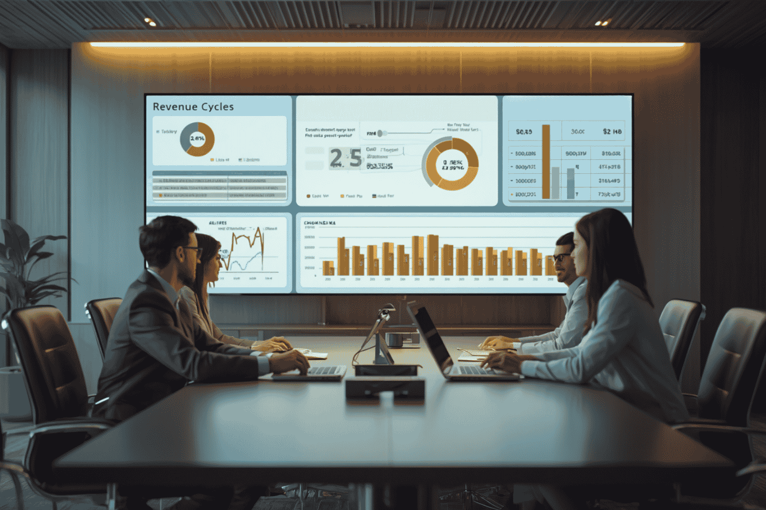 Healthcare administrators reviewing revenue cycle visibility dashboard