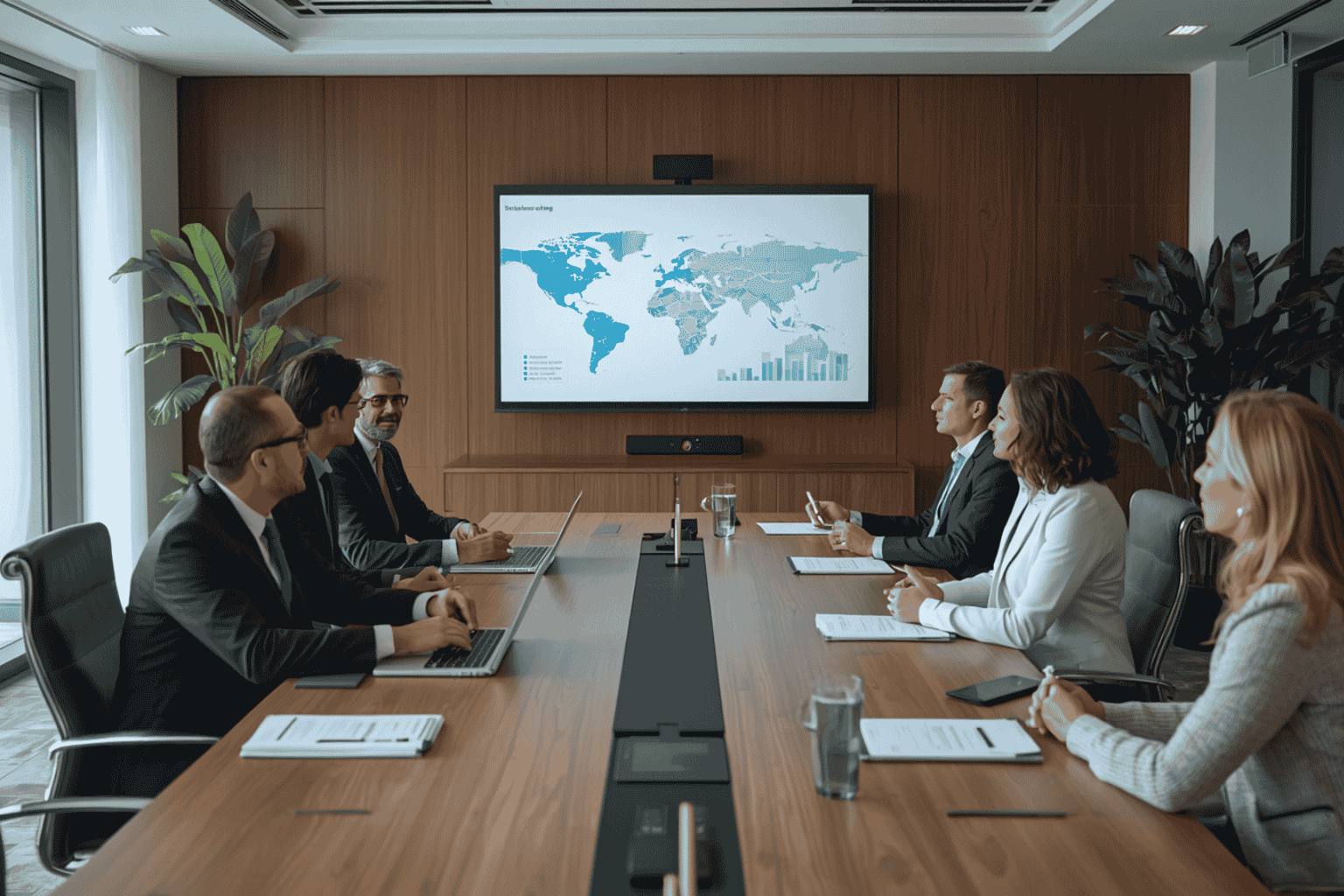 Executives reviewing sector resilience during global acquisition strategy meeting
