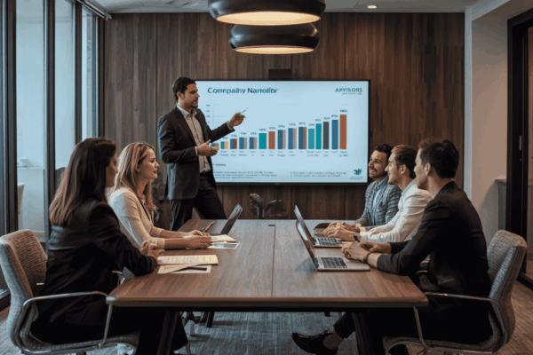 Business owner and advisors preparing company story for business exit positioning