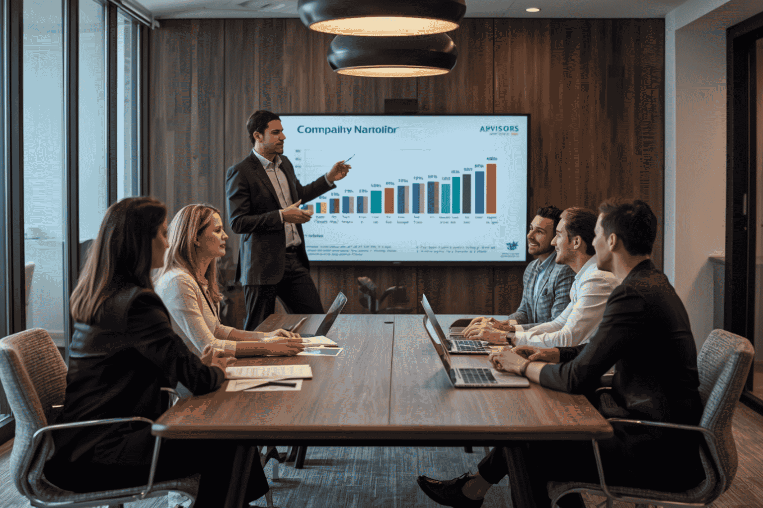 Business owner and advisors preparing company story for business exit positioning