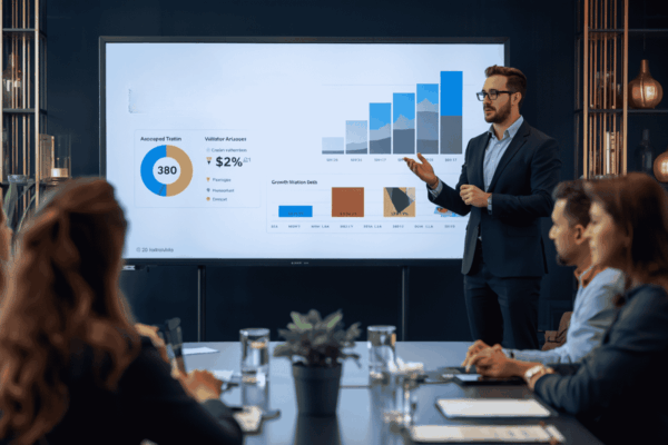 Startup founder presenting validation metrics to investors
