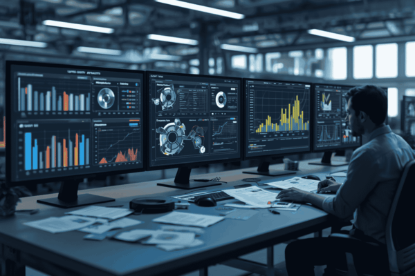 Manufacturing engineers reviewing supplier quality management dashboard
