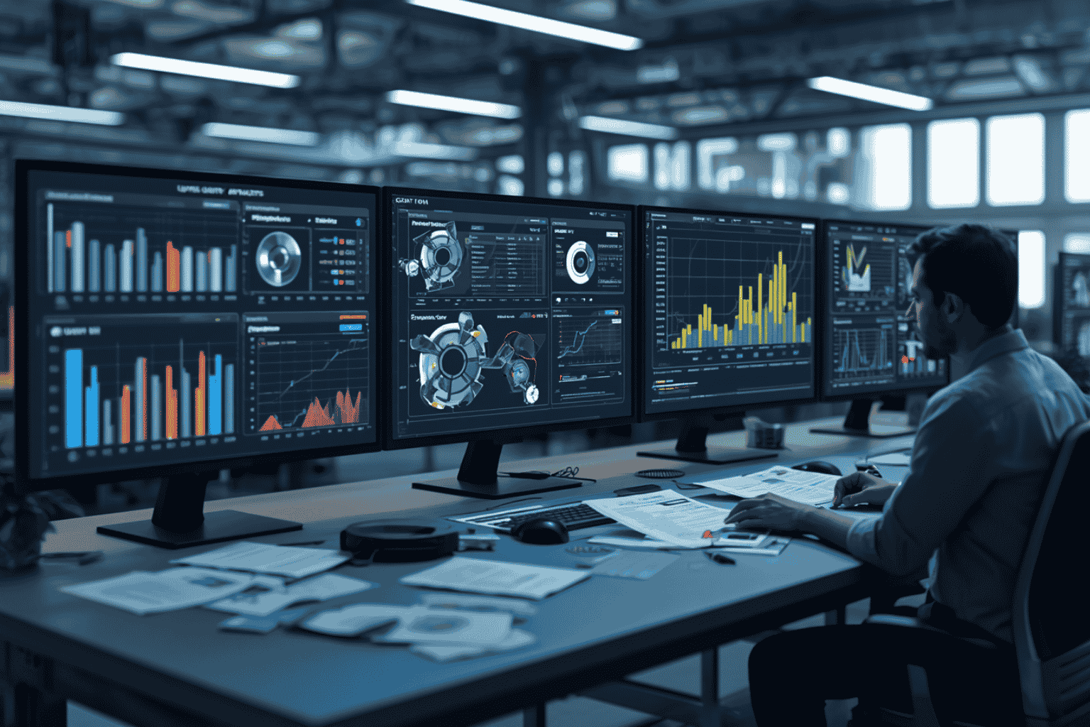 Manufacturing engineers reviewing supplier quality management dashboard