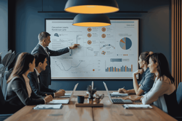 Business team mapping workflow accountability across departments