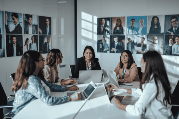 Leaders and employees collaborating during global workforce trust strategy meeting
