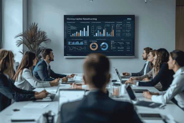 Executives reviewing working capital restructuring before a business transaction