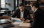 Business buyer preparing acquisition financing documents with an advisor