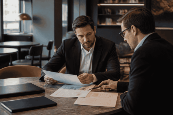 Business buyer preparing acquisition financing documents with an advisor