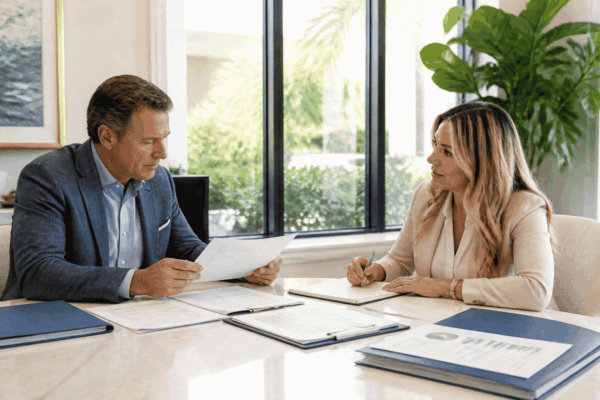 Business buyer reviewing acquisition funding pre-qualification documents with a funding advisor