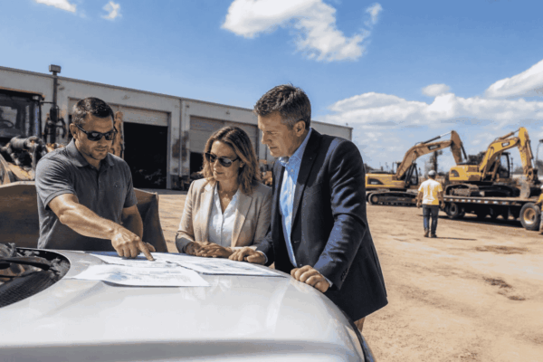 Buyer and funding professionals reviewing capital structure for a business acquisition
