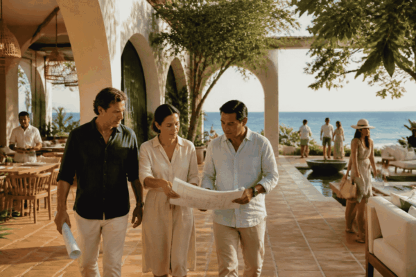 Hospitality operator and property partners reviewing an asset-light resort expansion