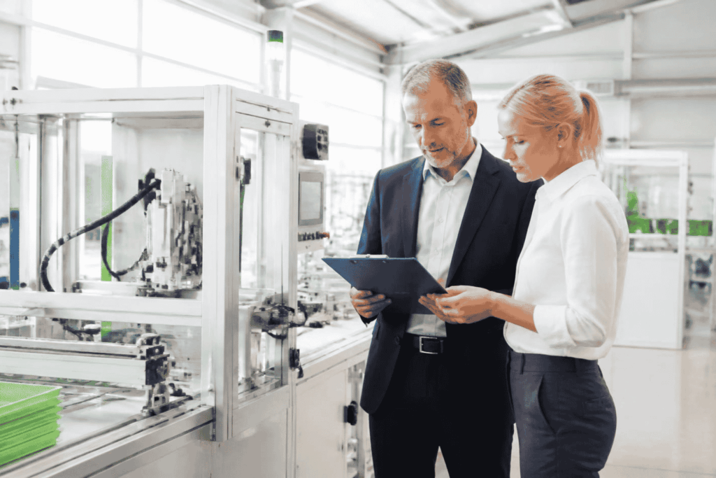 Business owner reviewing automation equipment funding beside modern machinery