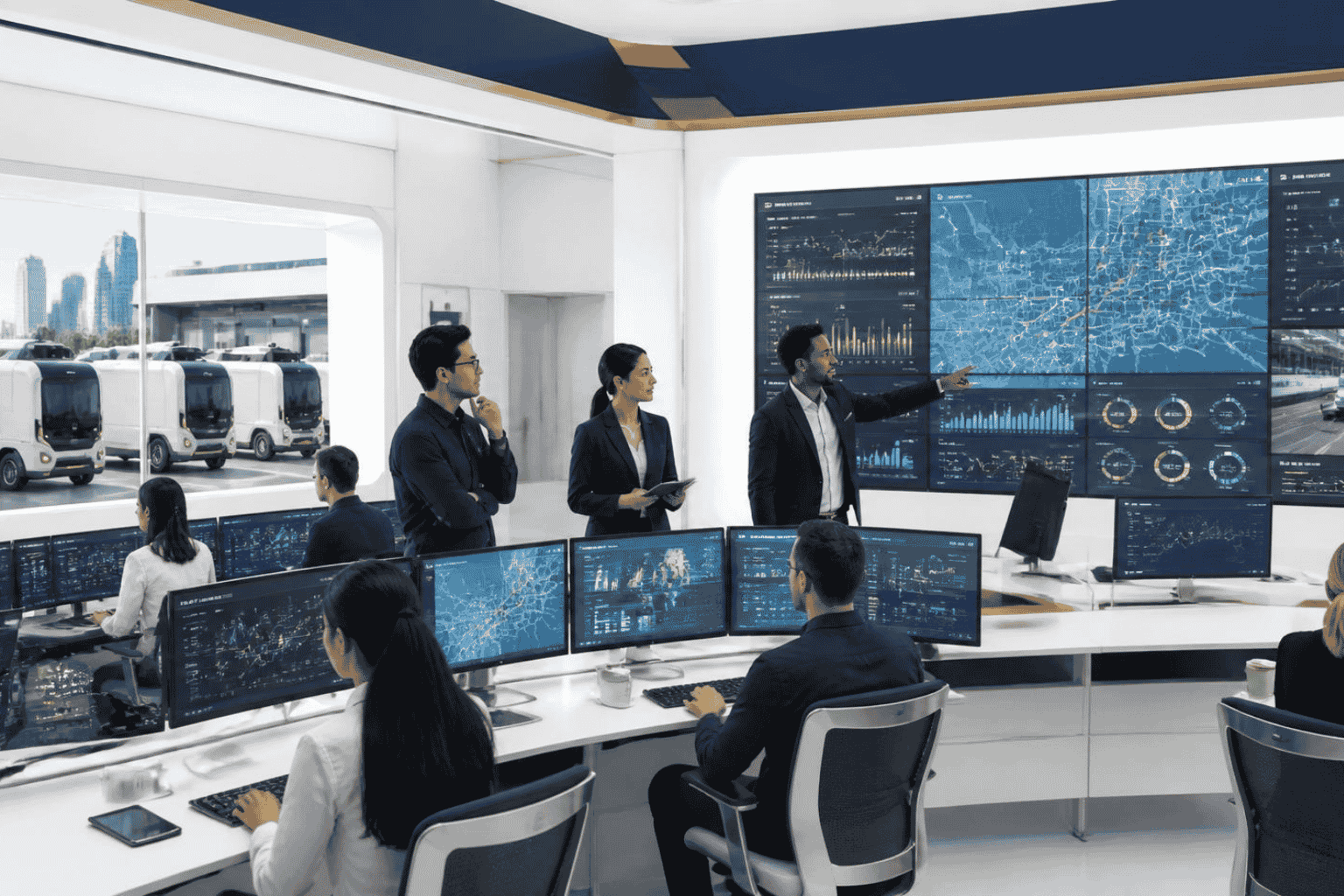 Transportation team monitoring coordinated autonomous vehicles in a fleet control center