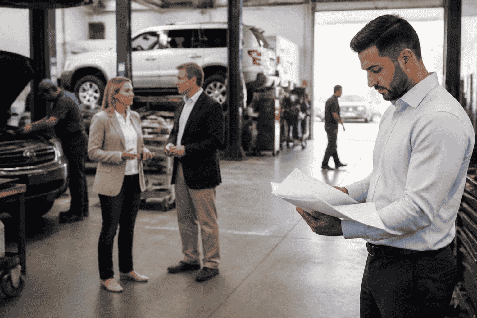 Business buyer reviewing acquisition financing readiness with broker and lender