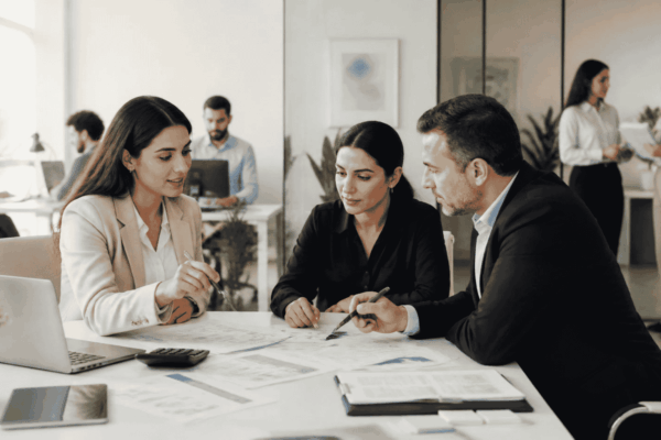 Business owner reviewing cash flow gap analysis with a funding advisor