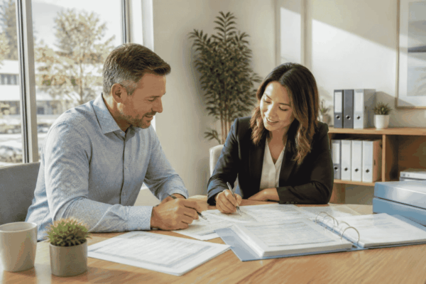 Business owner reviewing collateral documents with a funding specialist