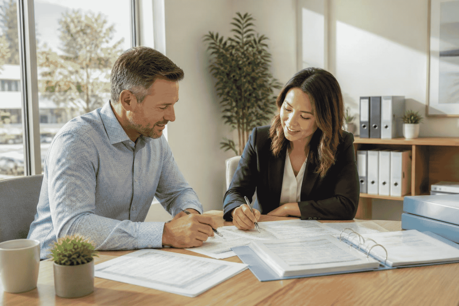 Business owner reviewing collateral documents with a funding specialist