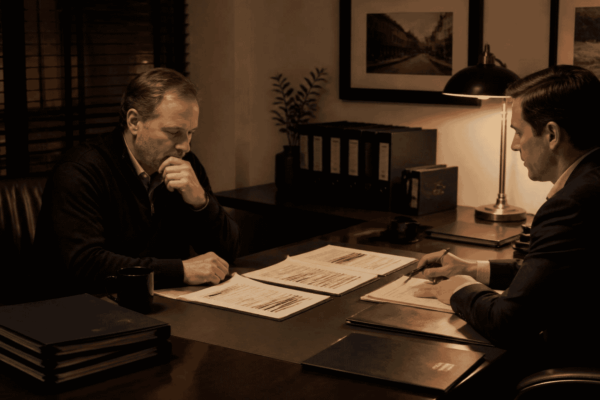 Business owner and broker reviewing confidential seller preparation documents