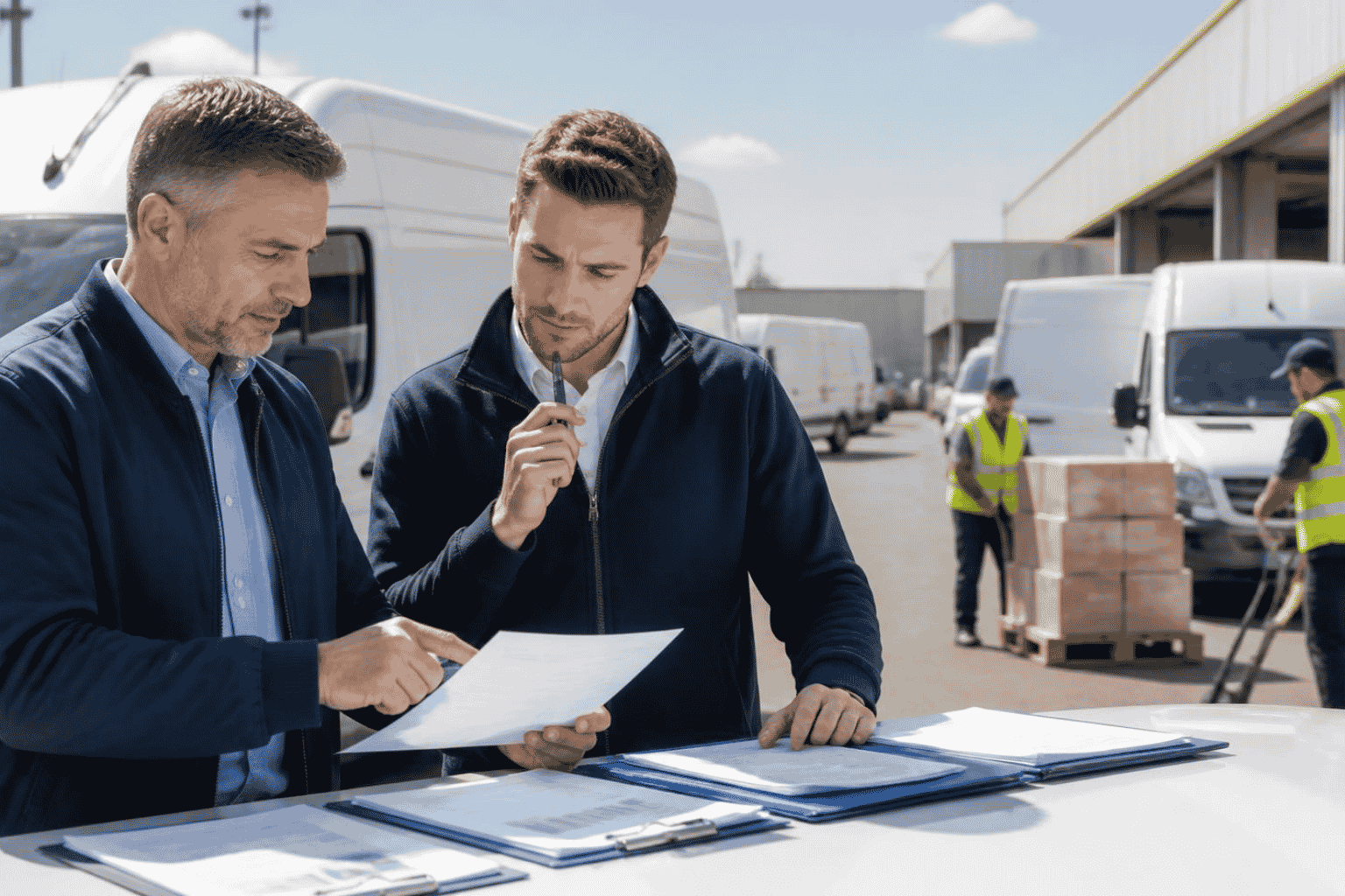 Logistics owner reviewing contract ramp-up funding documents beside delivery vehicles